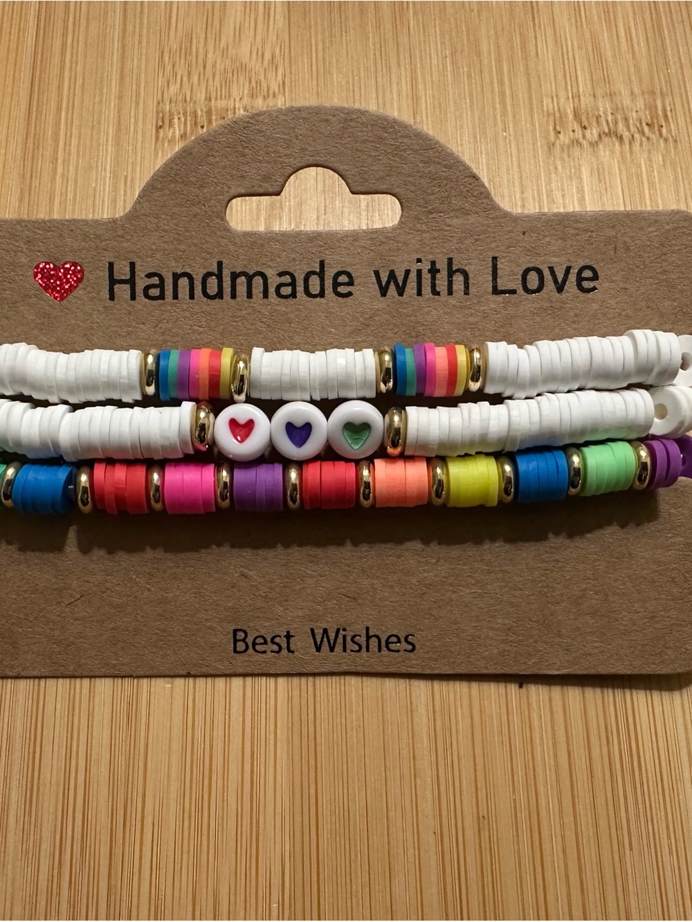 Handmade Rainbow Heart Beaded Bracelet Set - White & Multicolor